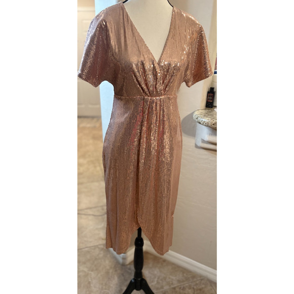 Express V-Neck Rose Gold Formal Cocktail Party Midi Dress Size XS 0-4 - Picture 1 of 4